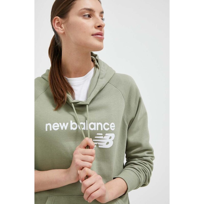 Mikina New Balance dámská, zelená barva, s kapucí, s potiskem