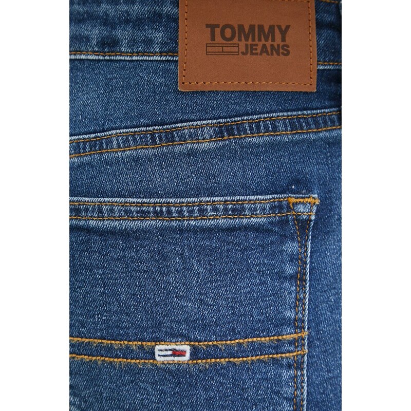Džínové šortky Tommy Jeans dámské, tmavomodrá barva, hladké, medium waist