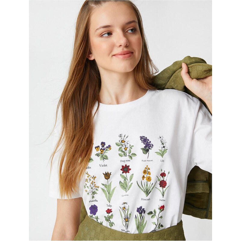 Koton Floral Printed T-Shirt Crew Neck Short Sleeved