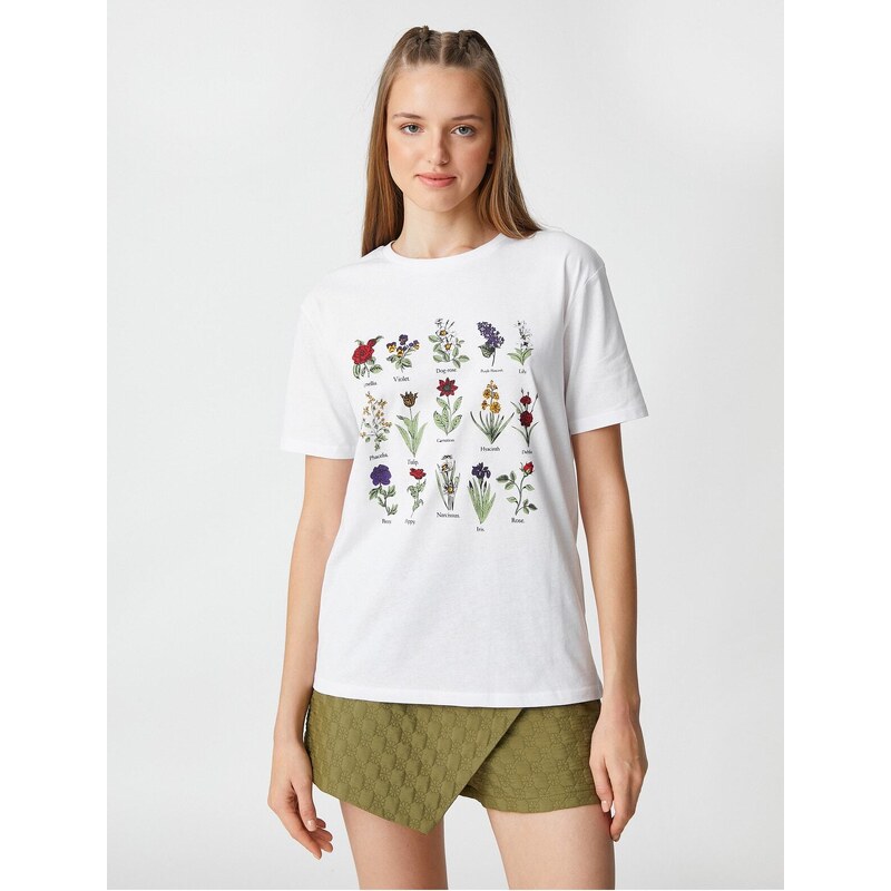 Koton Floral Printed T-Shirt Crew Neck Short Sleeved