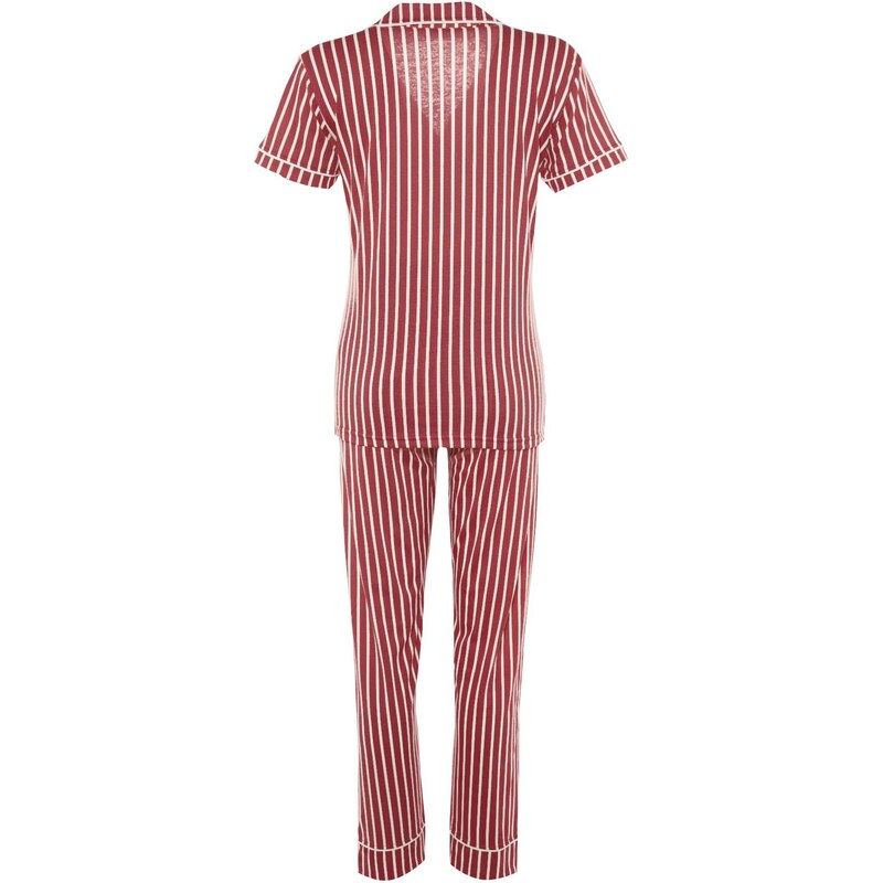 Trendyol Pink Cotton Striped Animal Printed Shirt-Pants Knitted Pajama Set