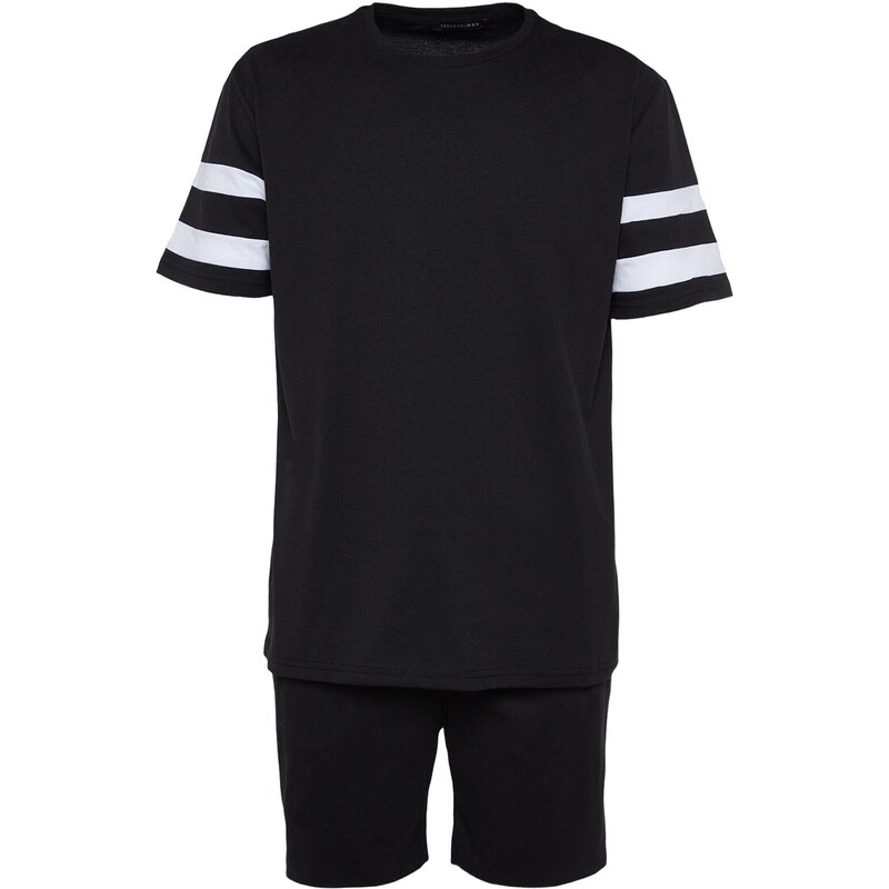 Trendyol Black Regular Fit Crew Neck Sleeve Striped Pajamas Set with Shorts