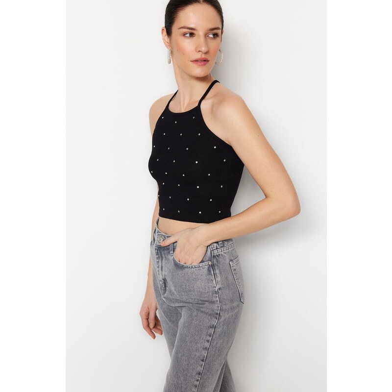 Trendyol Black Stones Detailed Fitted Crop, Corduroy Stretch Knitted Blouse