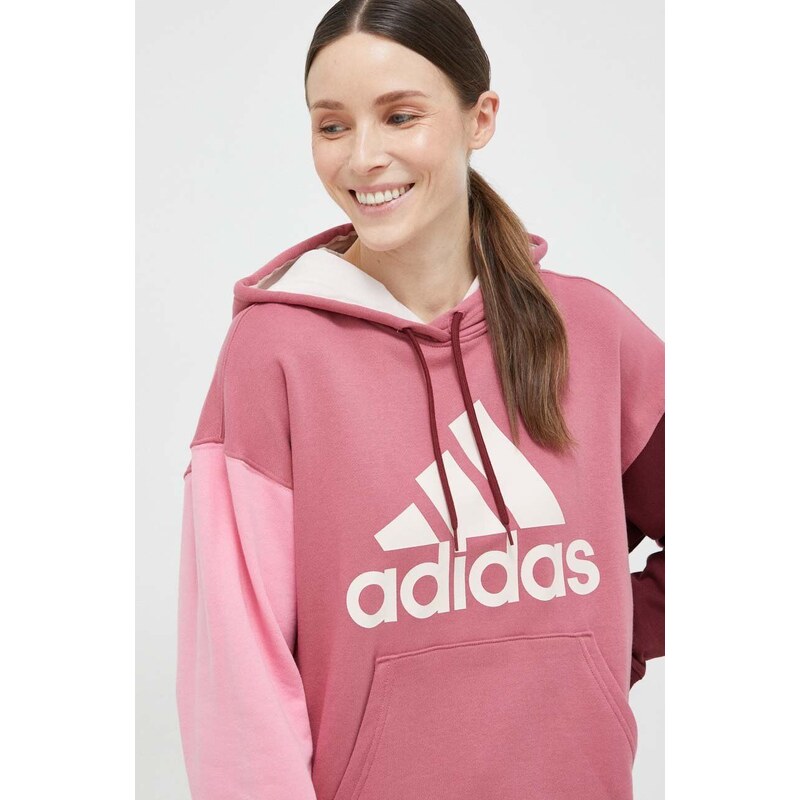 Bavlněná mikina adidas dámská, růžová barva, s kapucí, vzorovaná - GLAMI.cz