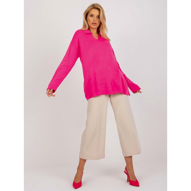 Fashionhunters RUE PARIS dámský fluo růžový oversize svetr s límečkem