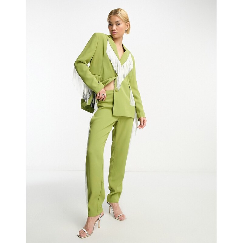 Extro & Vert Premium straight leg trousers with fringe in green & 78483251