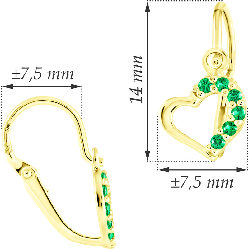 GEMMAX Jewelry Zlaté dětské náušnice srdíčka Cutie na brizuru C2757 Green GBEYZ-00603