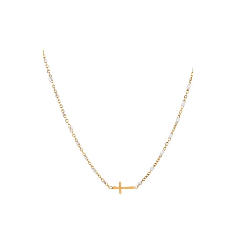 ORNAMENTI Pozlacený náhrdelník Cross White Beads gold