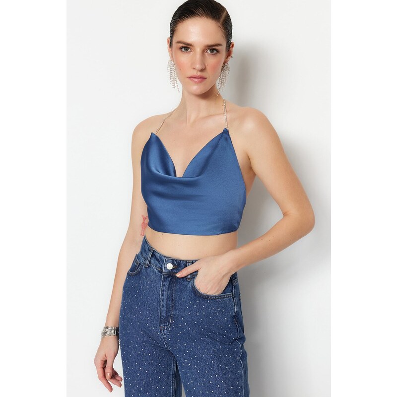 Trendyol Indigo Stone Strap Detailed Satin Bustier