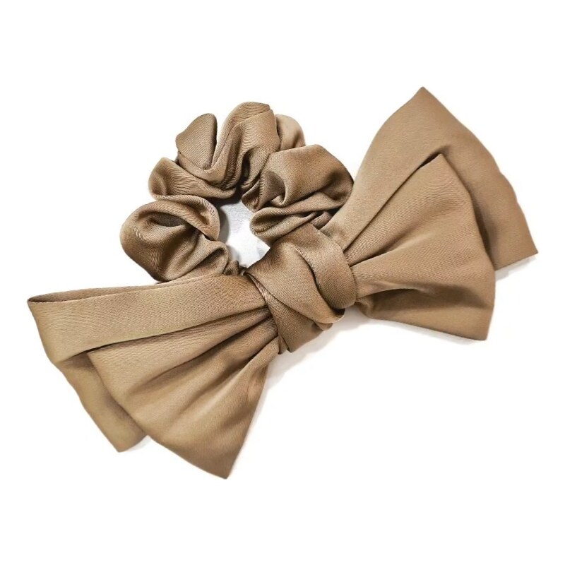 MY FEMINITY Hedvábná scrunchie gumička s MEGA mašlí velbloudí