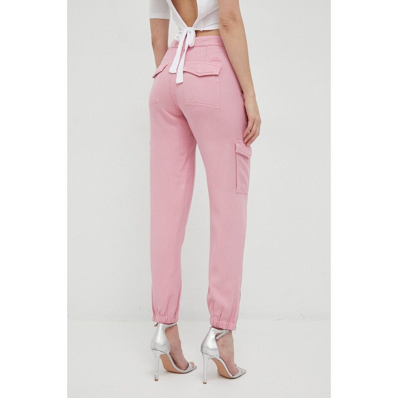 Kalhoty Guess dámské, růžová barva, střih chinos, high waist