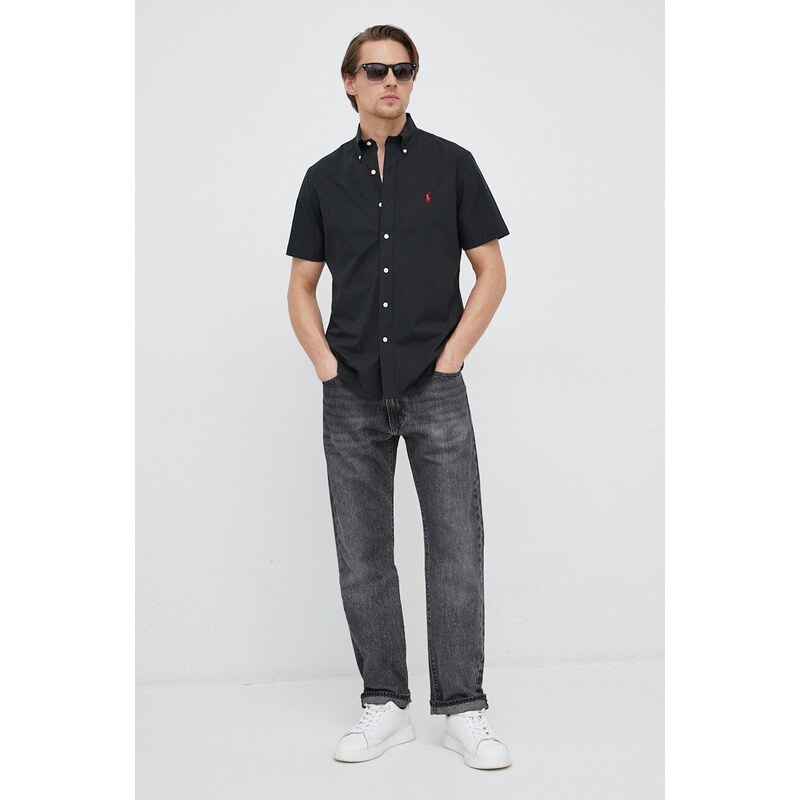 Košile Polo Ralph Lauren pánská, černá barva, regular, s límečkem button-down