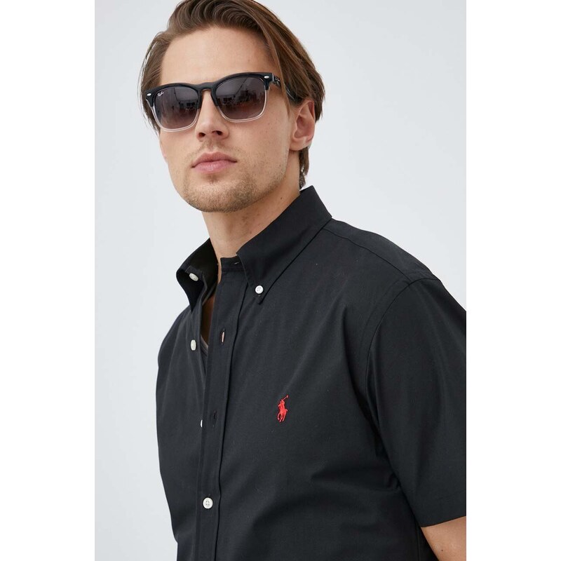 Košile Polo Ralph Lauren pánská, černá barva, regular, s límečkem button-down