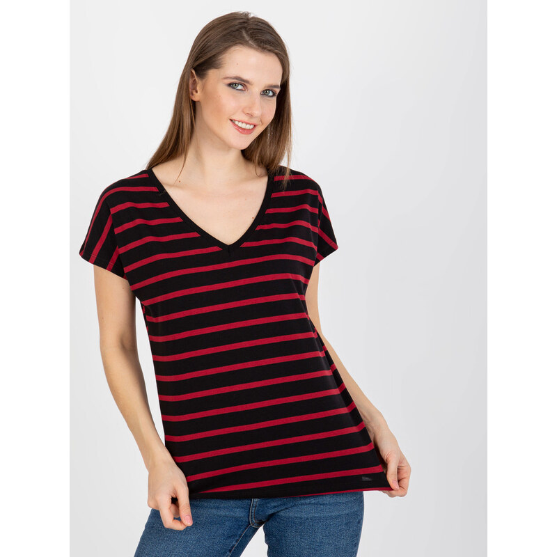 BASIC FEEL GOOD Červeno-černé pruhované dámské tričko -black-red Pruhovaný vzor