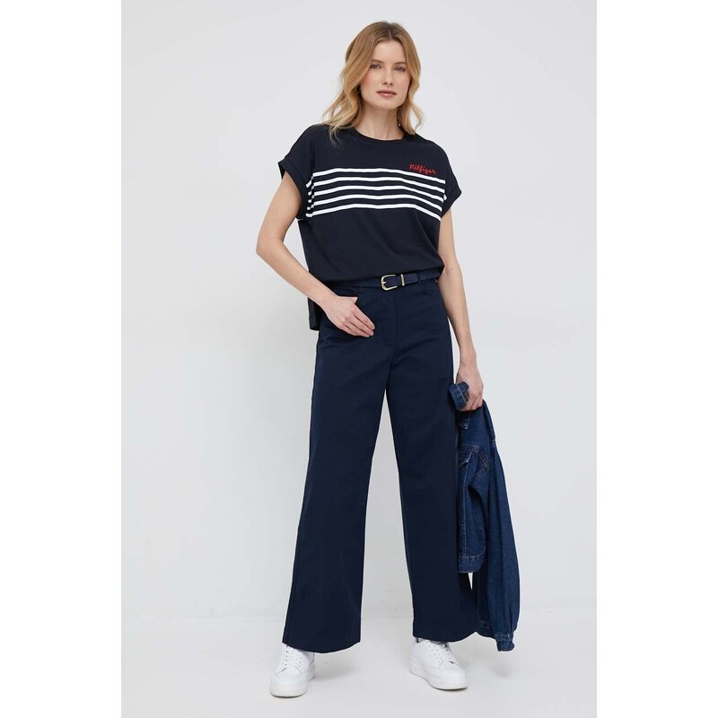 Kalhoty Tommy Hilfiger dámské, tmavomodrá barva, široké, high waist