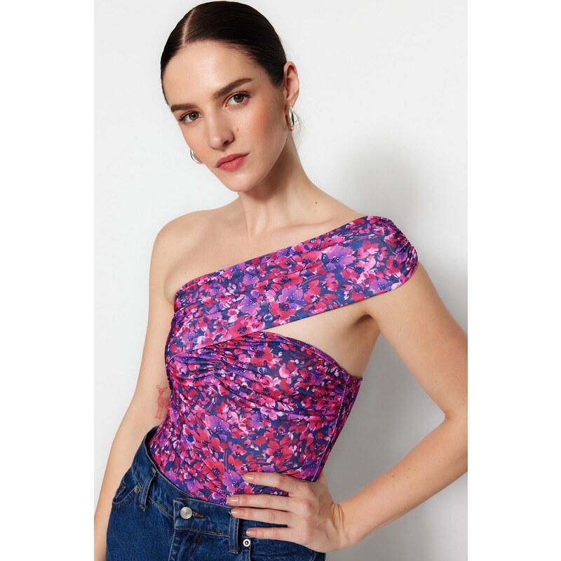 Trendyol Pink Patterned Asymmetric Collar Detailed Fitted/Situated Flexible Snaps Knitted Bodysuit