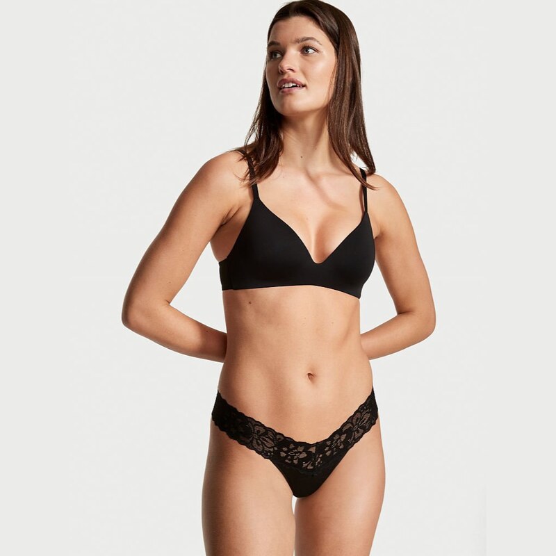 Victoria's Secret černé bavlněné tanga kalhotky s krajkovým pasem Lace Waist Cotton Thong Panty