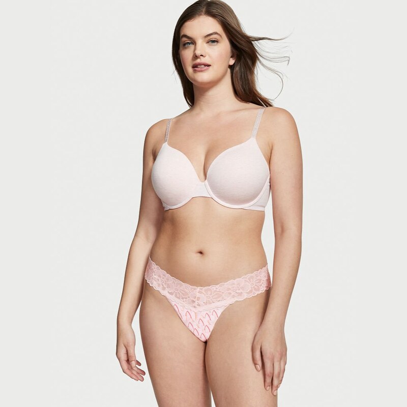 Victoria's Secret světle růžové bavlněné tanga kalhotky s krajkovým pasem Lace Waist Cotton Thong Panty