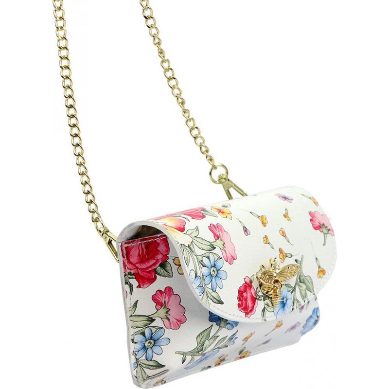 Luka Kožená malá dámská crossbody kabelka na řetízku bílá s květy