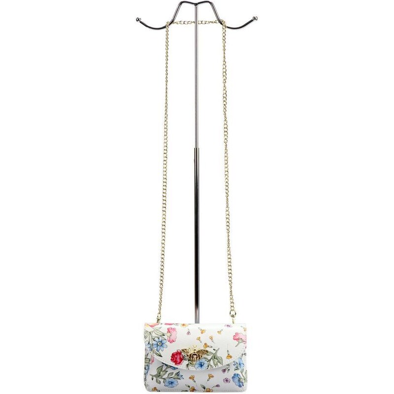 Luka Kožená malá dámská crossbody kabelka na řetízku bílá s květy