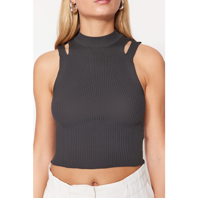 Trendyol Anthracite Knitwear Blouse with Crop Window/Cut Out Detailed