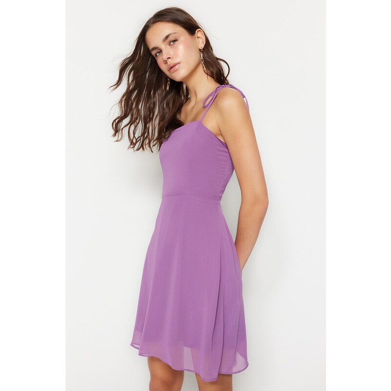 Trendyol fialové tkané šifonové popruhy s podšívkou Mini tkané šaty