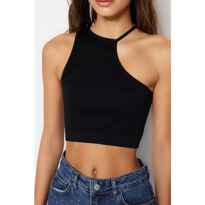 Trendyol Black Seamless One-Shoulder Fitted/Slippery Crop Stretch Knitted Blouse