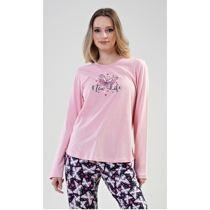 Vienetta Secret Dámské pyžamo dlouhé Motýlci, barva světle růžová, 100% bavlna