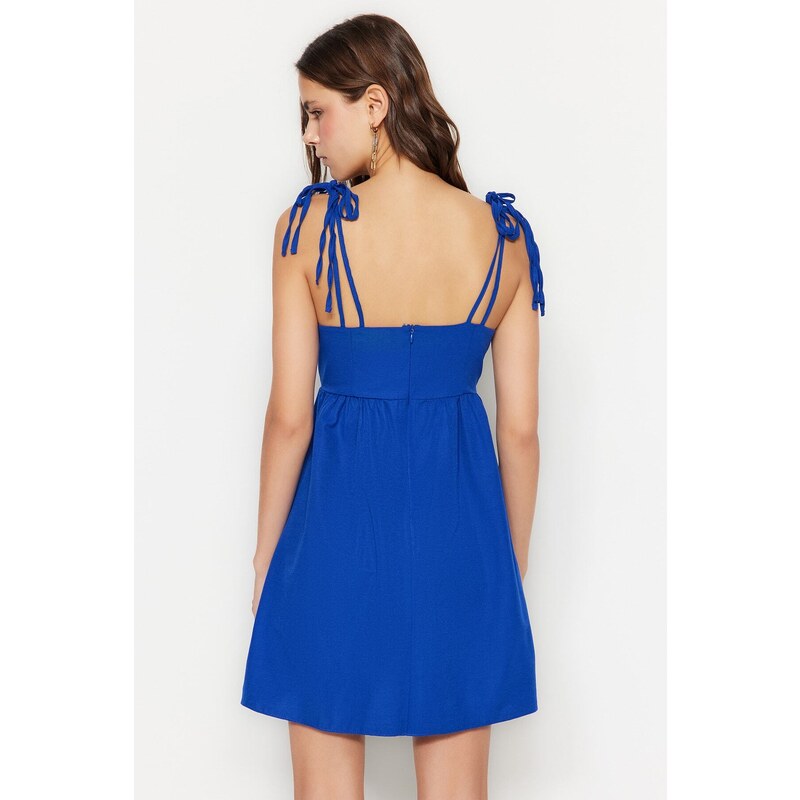 Trendyol Blue A-Cut Mini tkané šaty na ramínka