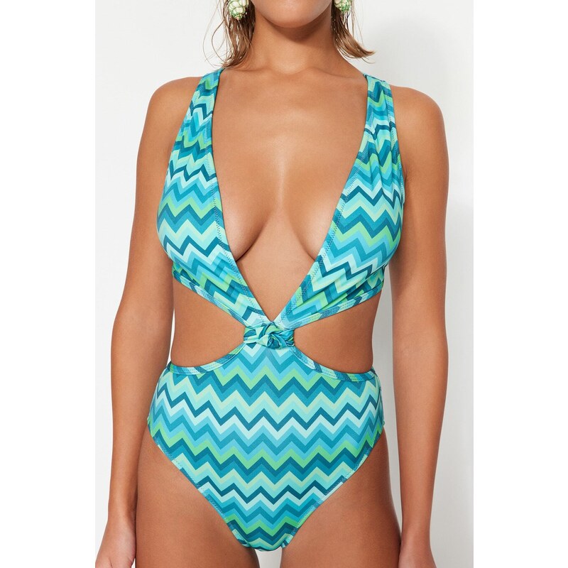 Trendyol Geometric Patterned Deep Low-cut High Leg Regular Swimsuit