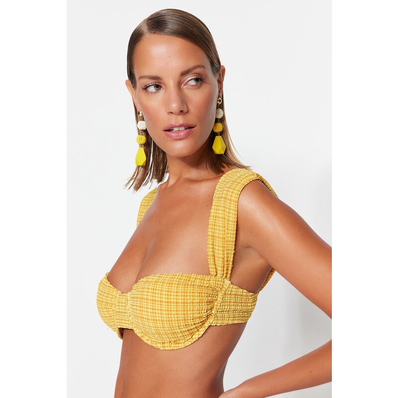 Trendyol Mustard Gingham Textured Underwire Bikini Tops