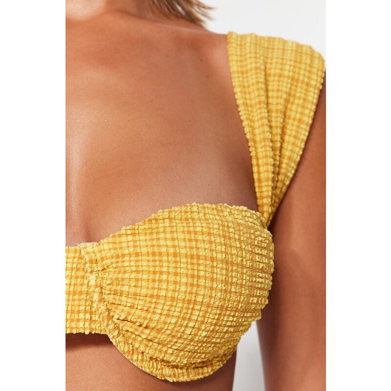 Trendyol Mustard Gingham Textured Underwire Bikini Tops