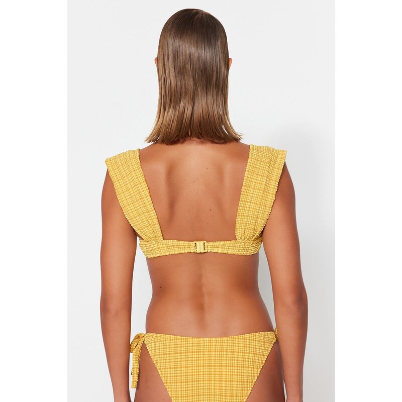 Trendyol Mustard Gingham Textured Underwire Bikini Tops