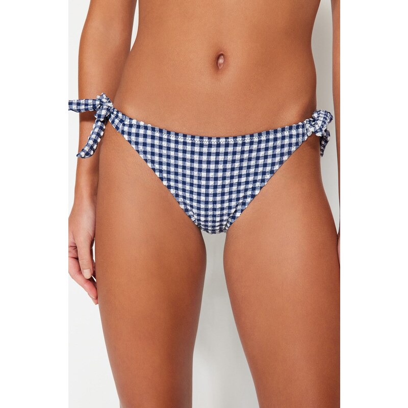 Trendyol Navy Blue Gingham Texturovaný Tie-Up Regular Leg Bikini Bottom