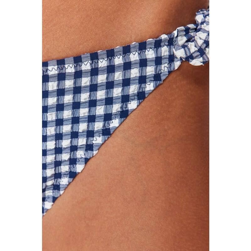 Trendyol Navy Blue Gingham Texturovaný Tie-Up Regular Leg Bikini Bottom