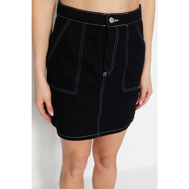 Trendyol Black High Waist Mini Denim Skirt with Contrast Stitching