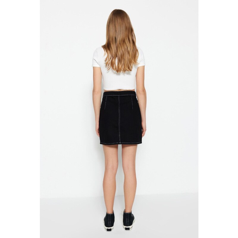 Trendyol Black High Waist Mini Denim Skirt with Contrast Stitching