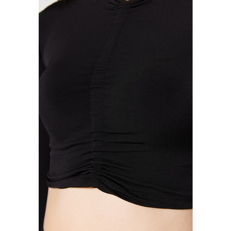 Trendyol Black Slim Shromážděná detailní Crop Elastická Pletená Halenka