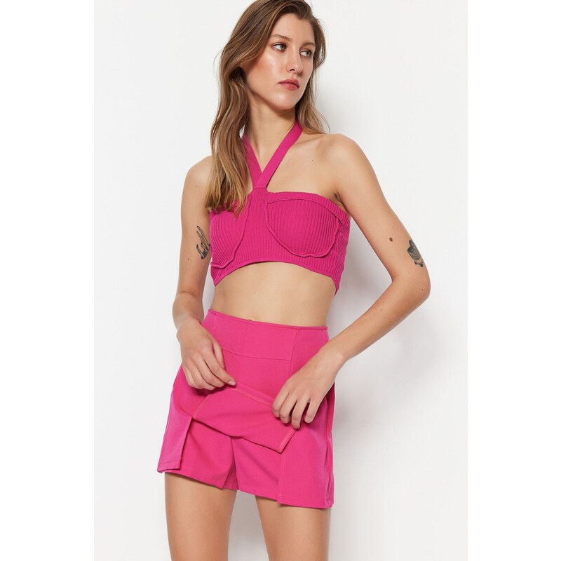 Trendyol Fuchsia Double Slit Super Mini Weave Shorts Skirt