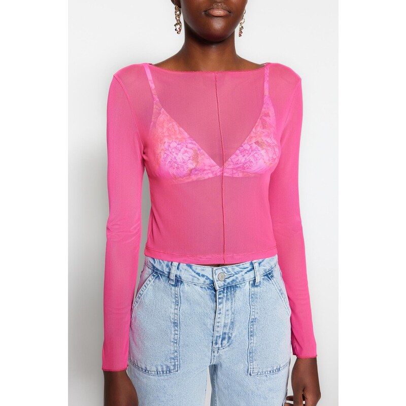 Trendyol Pink Stitch Detail Fitted/Situated Crew Neck Crop Tulle Elastic Knitted Blouse