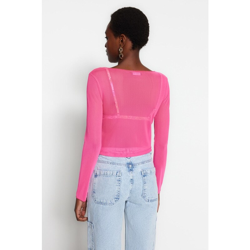 Trendyol Pink Stitch Detail Fitted/Situated Crew Neck Crop Tulle Elastic Knitted Blouse