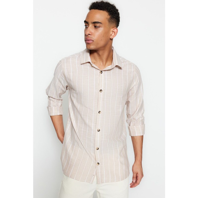 Trendyol Beige Regular Fit Shirt Collar Striped Shirt