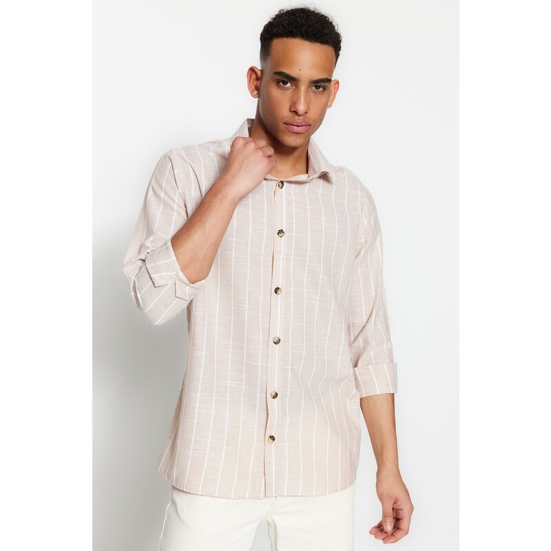 Trendyol Beige Regular Fit Shirt Collar Striped Shirt