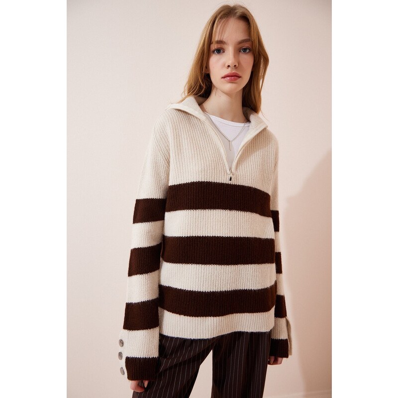 Happiness İstanbul Women's Cream Brown Zippered Turtleneck Striped Knitwear Sweater