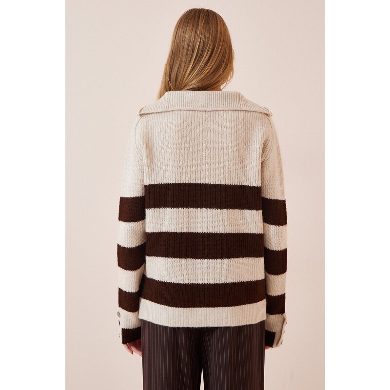 Happiness İstanbul Women's Cream Brown Zippered Turtleneck Striped Knitwear Sweater