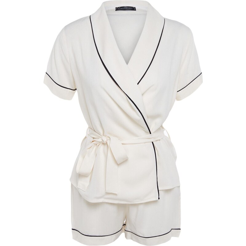 Trendyol Beige Belted Piping Detailed Shirt-Shorts Woven Pajamas Set