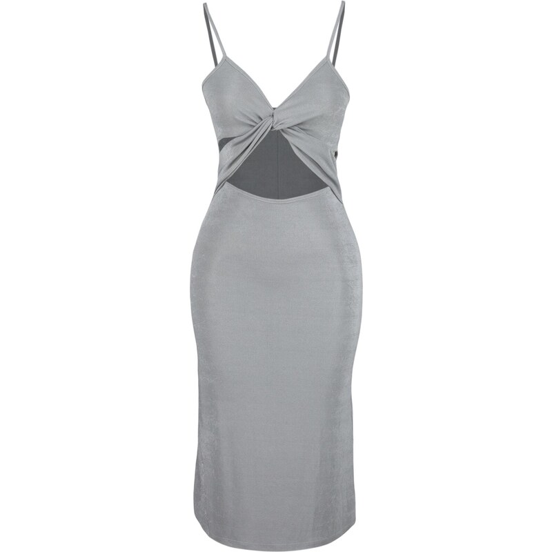 Trendyol Gray Fitted Evening Dress with Window/Cut Out Detailed in Knitting