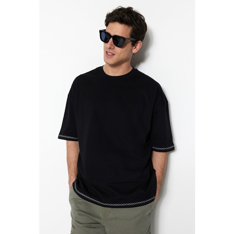 Trendyol Black Oversize/Wide Cut Crew Neck Short Sleeve Embroidered 100% Cotton T-Shirt