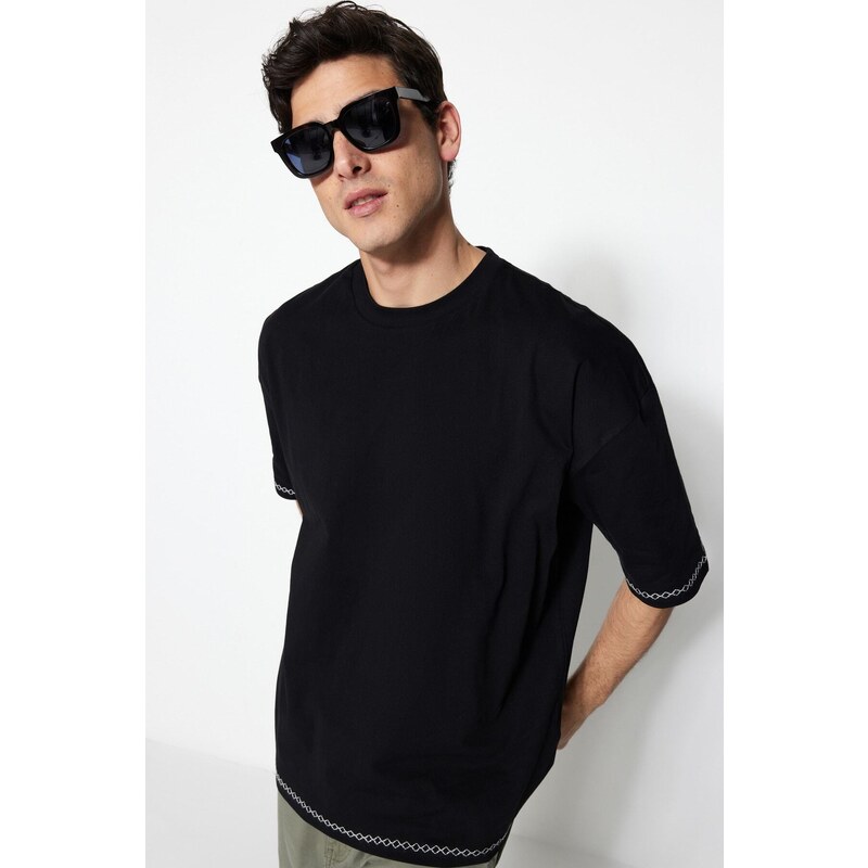 Trendyol Black Oversize/Wide Cut Crew Neck Short Sleeve Embroidered 100% Cotton T-Shirt