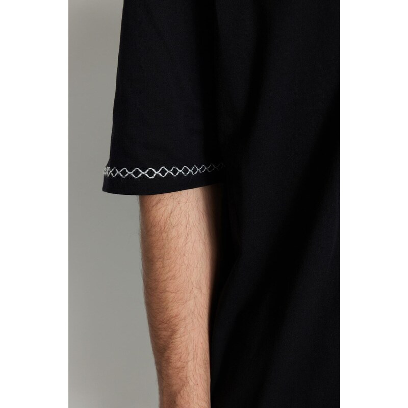 Trendyol Black Oversize/Wide Cut Crew Neck Short Sleeve Embroidered 100% Cotton T-Shirt